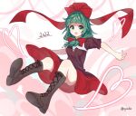  1girl boots bow brown_footwear front_ponytail full_body green_eyes green_hair hair_bow hair_ribbon highres kagiyama_hina looking_at_viewer open_mouth puffy_short_sleeves puffy_sleeves red_bow red_ribbon ribbon short_sleeves smile solo touhou twitter_username yadoyuki 