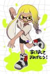  1girl black_shorts blonde_hair braid eyebrow_cut fangs full_body highres huyugmy inkling_girl inkling_player_character long_hair looking_at_viewer open_mouth shirt shoes short_sleeves shorts side_braid solo splatoon_(series) splatoon_3 standing standing_on_one_leg tentacle_hair white_shirt yellow_eyes 