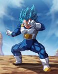  1boy blue_bodysuit blue_eyes blue_hair blue_sky bodysuit boots closed_mouth clouds day dragon_ball dragon_ball_super fighting_stance full_body gloves looking_at_viewer male_focus outdoors rom_(20) saiyan_armor sky smile solo standing super_saiyan super_saiyan_blue vegeta white_footwear white_gloves 