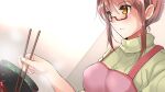  apron breasts brown_eyes chopsticks commentary_request cooking dutch_angle fanged_bangs frying_pan glasses highres holding holding_chopsticks light_blush miracle_hoshi original pink_apron ribbed_sweater sauce steam sweater translation_request turtleneck turtleneck_sweater yellow_eyes 