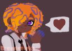  1girl artist_name black_necktie collared_shirt dark-skinned_female dark_skin hair_over_one_eye heart highres literallybreadsticks looking_at_viewer multicolored_hair necktie octoling orange_hair shirt smile solo splatoon_(series) splatoon_3 spoken_heart suspenders tao_blu_(splatoon) violet_eyes white_shirt 