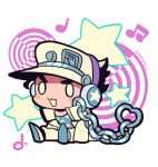  1boy blank_eyes blush_stickers chain chibi chibi_only coat hat jojo_no_kimyou_na_bouken kotorai kujo_jotaro male_focus musical_note no_nose pants signature sitting solo star_(symbol) star_print v-shaped_eyebrows white_coat white_footwear white_headwear white_pants 