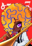  1girl absurdres collared_shirt dark-skinned_female dark_skin hair_over_one_eye highres holding holding_instrument instrument long_sleeves looking_at_viewer meviusss7 multicolored_hair red_background shadow shirt solo splatoon_(series) splatoon_3 tao_blu_(splatoon) trombone violet_eyes white_shirt 