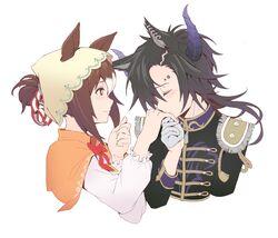  2girls air_shakur_(belphegor&#039;s_prime)_(umamusume) air_shakur_(umamusume) animal_ears asymmetrical_bangs black_hair black_jacket bly brown_hair capelet closed_eyes closed_mouth ears_through_headwear eyebrow_piercing fine_motion_(hello_my_clover)_(umamusume) fine_motion_(umamusume) gloves hair_bun head_scarf highres horns horse_ears jacket kiss kissing_hand looking_at_another multiple_girls piercing redrawn shirt simple_background sinnra_art smile umamusume upper_body white_background white_gloves white_shirt yuri 