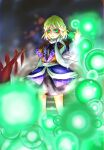  1girl blonde_hair bridge danmaku full_body green_eyes highres long_sleeves scarf shee_take solo touhou white_scarf 