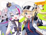  2girls :d ahoge astral_party black_gloves black_ribbon black_sailor_collar blonde_hair blue_choker blue_dress blue_eyes blush bow cabbie_hat choker collarbone collared_shirt craig_fanning_(astral_party) dot_nose dress floating_hair gloves grey_hair hair_between_eyes hair_bow hand_up hat jacket koi_(astral_party) long_hair long_sleeves looking_at_viewer multicolored_hair multiple_girls neck_ribbon necktie notice_lines official_art one_eye_closed open_clothes open_jacket open_mouth pink_hair ponytail quilted_jacket red_necktie ribbon sailor_collar shirt side_ponytail sleeveless sleeveless_shirt smile streaked_hair upper_body v white_bow white_gloves white_headwear white_jacket white_shirt 