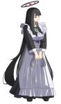  1girl absurdres alternate_costume apron black_dress black_hair blue_archive blunt_bangs breasts commentary dress enmaided halo highres large_breasts long_hair looking_to_the_side maid rio_(blue_archive) simple_background solo straight_hair talo_(63078778) very_long_hair white_apron white_background 