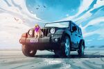  bird black_eyes clouds dog english_commentary flying highres jeep_(company) jeep_wrangler marta_danecka no_humans original purple_bandana shadow sky smile sports_utility_vehicle vehicle_focus 