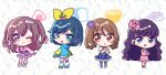  4girls :d :o black_hair blue_eyes blue_hair blue_jacket blue_skirt blunt_bangs bow bowl bread brown_hair chibi closed_mouth cosplay crossed_arms delicious_party_precure dress flower food full_body fuwa_kokone hair_bow hair_flower hair_ornament hair_rings hanamichi_ran hanazono_shuka hanazono_shuka_(cosplay) hand_up hands_up highres hood hood_down jacket kasai_amane koda_michiru koda_michiru_(cosplay) kokichi_yoko long_hair long_sleeves looking_at_viewer multiple_girls nagomi_yui nijiiro_nino nijiiro_nino_(cosplay) onigiri open_mouth own_hands_together pink_bow pink_dress pink_jacket precure purple_flower purple_skirt shoes short_hair skirt smile standing star_(symbol) star_hair_ornament two_side_up violet_eyes wavy_hair yellow_bow yumekawa_yui yumekawa_yui_(cosplay) 