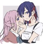  2girls atenaba blue_bow blue_bowtie blue_hair blush bow bowtie cheek_squash collared_shirt forehead-to-forehead grey_background hand_on_another&#039;s_face heads_together highres kaf_(kamitsubaki_studio) kamitsubaki_studio medium_hair multicolored_hair multiple_girls pink_hair pink_sweater ponytail redhead rim_(kamitsubaki_studio) shirt short_sleeves streaked_hair suspenders sweater two-tone_background upper_body white_background white_shirt yellow_pupils yuri 