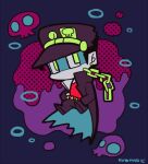  1boy belt black_coat black_hair black_headwear bubble chibi chibi_only coat earrings full_body hat jewelry jojo_no_kimyou_na_bouken kotorai kujo_jotaro limited_palette male_focus red_shirt shaded_face shirt short_hair signature skull solo 