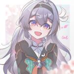  1605051291 1girl :d artist_name black_hairband black_jacket blue_pupils blush border branch cherry_blossoms collared_shirt commentary_request firefly_(honkai:_star_rail) grey_hair hair_intakes hairband highres honkai:_star_rail honkai_(series) jacket long_hair looking_at_viewer neckerchief open_mouth orange_neckerchief outside_border portrait shirt smile solo white_border white_shirt 
