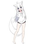  1girl :d ahoge animal_ear_fluff animal_ears arm_behind_back arm_grab barefoot black_shorts blue_eyes blush collarbone commentary_request drawstring fang fox_ears fox_girl fox_tail full_body hair_between_eyes highres hood hood_down hoodie kuronagi_(mitora_uwu) leaning_to_the_side long_hair looking_at_viewer original shorts simple_background smile solo standing tail very_long_hair white_background white_hair white_hoodie 