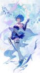  1girl absurdres bare_shoulders blue_eyes blue_footwear blue_hair blue_skirt boots cape detached_sleeves fish fortissimo gloves hair_ornament highres holding holding_sword holding_weapon magical_girl mahou_shoujo_madoka_magica mahou_shoujo_madoka_magica_(anime) miki_sayaka musical_note musical_note_hair_ornament short_hair skirt soul_gem strapless sword thigh-highs weapon white_cape white_gloves zutto_(dfvn7377) 