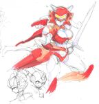  3girls absurdres azuredawn40 blue_eyes bra breasts elita_one helmet highres holding holding_sword holding_weapon humanoid_robot medium_breasts multiple_girls panties red_bra red_panties robot robot_girl sketch sword thighs transformers twitch_(transformers) underwear weapon white_background windblade 