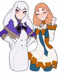  2girls alternate_costume annette_fantine_dominic annette_fantine_dominic_(cosplay) cosplay costume_switch fire_emblem fire_emblem:_three_houses hands_on_own_hips happy highres looking_to_the_side lysithea_von_ordelia lysithea_von_ordelia_(cosplay) multiple_girls orange_hair pink_eyes smile smkittykat white_hair 