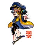  1girl agent_3_(splatoon) black_pants blonde_hair closed_mouth commentary_request flip-flops full_body hat headphones inkling inkling_girl inkling_player_character long_hair military_hat orange_eyes pants sandals simple_background solo splatoon_(series) splatoon_3 stitches tentacle_hair thick_eyebrows toes torn_clothes torn_pants v v-shaped_eyebrows w0_tarou white_background 