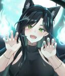  1girl algorhythm_project animal_ears black_hair black_shirt breasts cat_ears commentary evalia_(algorhythm_project) fangs green_eyes green_nails highres i.ryuu_z large_breasts long_hair multicolored_hair open_mouth shirt symbol-only_commentary tongue virtual_youtuber 