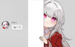  brown_sweater clara_(honkai:_star_rail) closed_mouth coat detached_collar highres honkai:_star_rail honkai_(series) hyuu_(lblank27) peeking pink_eyes red_coat sweater white_hair 