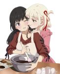  2girls apron black_hair blonde_hair blush bowl chocolate chocolate_making collarbone food food_on_face frilled_shirt frills hair_ribbon highres holding holding_spatula inoue_takina licking licking_another&#039;s_cheek licking_another&#039;s_face long_hair low_twintails lycoris_recoil multiple_girls nishikigi_chisato one_eye_closed one_side_up open_mouth or2_(sahr7857) pink_shirt red_eyes red_ribbon red_sweater ribbon shirt short_hair simple_background sleeves_past_elbows spatula sweatdrop sweater tongue tongue_out twintails valentine violet_eyes white_apron white_background yuri 