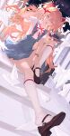  1girl absurdres arm_up atomicxx blue_eyes blue_skirt commentary_request facing_viewer foreshortening full_body highres knee_up kneehighs long_hair looking_at_viewer neon_genesis_evangelion open_mouth orange_hair origami paper_crane red_ribbon ribbon sitting skirt socks solo souryuu_asuka_langley stairs suspender_skirt suspenders thighs two_side_up watch watch white_socks 