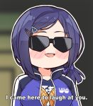  1girl a-chan_(3rd_costume)_(hololive) a-chan_(hololive) blue_hair blush_stickers bread breast_padding english_text food gundam hair_ornament hairclip highres hololive i_came_here_to_laugh_at_you_(meme) jacket kukie-nyan low_ponytail medium_hair melon_bread meme official_alternate_costume official_alternate_hairstyle open_mouth print_jacket print_shirt purple_jacket purple_shirt shirt short_ponytail smile solo sunglasses swept_bangs teeth track_jacket upper_body upper_teeth_only virtual_youtuber zeta_gundam 