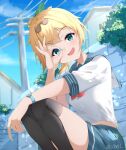  1girl :d alternate_costume aqua_nails aqua_sailor_collar black_thighhighs blonde_hair blue_eyes blue_sky bow brick_wall clouds commentary_request crossed_bangs hair_bow hand_on_own_knee head_tilt highres hololive house kazama_iroha looking_at_viewer multicolored_bow neckerchief open_mouth outdoors plant ponytail raised_eyebrows red_neckerchief sailor_collar shirt short_hair short_sleeves sidelocks sky smile squatting thigh-highs vincent_leo virtual_youtuber watch watch white_shirt 