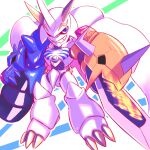  arm_blade arm_cannon blue_eyes cannon cape chibi digimon digimon_(creature) horns mecha no_humans omegamon red_cape robot sword takeuchi_(rtakeuchi1535) weapon white_cape 