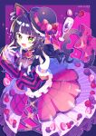  1girl :d animal_ears black_hair black_headwear bow bowler_hat cat_ears cat_girl cat_tail dated dress fangs full_body green_eyes hat hat_bow highres looking_at_viewer open_mouth original purple_background purple_dress saijo1201 smile solo tail tail_bow tail_ornament 