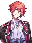  1boy ascot black_jacket closed_mouth commentary_request eiyuu_densetsu green_eyes hair_between_eyes head_tilt highres jacket jimen_ko lechter_arundel light_smile male_focus multicolored_clothes multicolored_jacket purple_ascot red_jacket redhead sen_no_kiseki sen_no_kiseki_iv short_hair simple_background solo suit two-tone_jacket upper_body white_background white_trim 