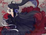  1girl black_dress black_hair bouquet domino_mask dress flower from_behind grey_background half-closed_eyes jessika_(splatoon) long_sleeves looking_at_viewer mask mian_noodle petals pointy_ears red_eyes red_flower red_rose redhead rose solo splatoon_(series) splatoon_3 suction_cups tentacle_hair twintails 