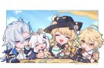  2boys 2girls :d :o :q ^_^ aether_(genshin_impact) ahoge arm_guards artist_name ascot asymmetrical_bangs b_bmvp black_bow black_cape black_flower black_gloves black_headwear black_shirt blonde_hair blue_coat blue_hair blue_sky blush border bow brooch cape chibi clenched_hands closed_eyes closed_mouth clouds coat commentary_request cup day detached_collar drill_hair drill_sidelocks earrings eating eyelashes flower food frilled_sleeves frills genshin_impact gloves hair_between_eyes hair_ornament halo hand_up hands_up hat hat_flower highres holding holding_food holding_plate holding_teapot jewelry licking_lips long_hair long_sleeves looking_at_another macaron medium_hair multicolored_hair multiple_boys multiple_girls navia_(genshin_impact) neuvillette_(genshin_impact) open_mouth outdoors outside_border paimon_(genshin_impact) parted_bangs petals plate romper saucer scarf shirt short_sleeves sidelocks single_earring sky sleeve_cuffs smile star_(symbol) star_hair_ornament streaked_hair sun table teacup teapot teeth tongue tongue_out twitter_username upper_body upper_teeth_only violet_eyes white_ascot white_border white_hair white_romper white_scarf yellow_bow yellow_eyes yellow_flower 