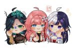  3girls algorhythm_project black_hair blue_eyes breasts chibi effy_(algorhythm_project) eileennoir evalia_(algorhythm_project) flashlight food green_eyes green_hair highres holding holding_flashlight long_hair multicolored_hair multiple_girls open_mouth orngsaurus pink_hair popcorn purple_hair shen_yue_(algorhythm_project) two-tone_hair violet_eyes virtual_youtuber white_hair 