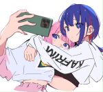  2girls arms_around_neck atenaba blue_eyes blue_hair cellphone closed_mouth colored_inner_hair cropped_hoodie hand_on_another&#039;s_shoulder highres holding holding_phone hood hood_down hoodie hug kaf_(kamitsubaki_studio) kamitsubaki_studio midriff multicolored_clothes multicolored_hair multicolored_hoodie multiple_girls pants phone pink_hair pink_hoodie pink_pants redhead rim_(kamitsubaki_studio) selfie simple_background smartphone taking_picture white_background white_hoodie yellow_pupils yuri 
