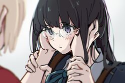  2girls atenaba black_hair blonde_hair blue_jacket blue_ribbon blurry blurry_foreground blush closed_mouth commentary grey_background hands_on_another&#039;s_arms hands_on_another&#039;s_face hashtag_only_commentary highres inoue_takina jacket long_hair lycoris_recoil medium_hair multiple_girls neck_ribbon nishikigi_chisato ribbon simple_background upper_body violet_eyes yuri 