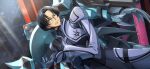  1boy armor artist_request asahina_shougo black_hair blue_eyes blue_sky bodysuit closed_mouth clouds code_geass code_geass:_lost_stories cropped_vest dutch_angle forehead game_cg gekka_(code_geass) glasses grey_bodysuit grey_vest hair_intakes hand_up highres light_particles light_rays looking_at_viewer male_focus mecha night non-web_source official_art outdoors rimless_eyewear robot round_eyewear short_hair shoulder_armor sky solo standing v-shaped_eyebrows vest 