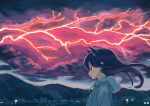  1girl animal_ears black_cloud black_hair cat_ears city_lights clouds cloudy_sky commentary_request expressionless floating_hair highres hood hoodie lightning long_hair looking_to_the_side mountain mountainous_horizon nerio_(neri_akira) original outdoors profile purple_sky rain red_lightning scenery sky solo standing twilight utility_pole wind 