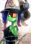  1girl absurdres bandaged_arm bandages baseball_cap blue_hair bra_strap colored_skin dedf1sh gradient_hair green_skin hair_over_one_eye hat headphones headphones_over_headwear highres long_hair multicolored_hair octoling off_shoulder ovfr_p red-tinted_eyewear redhead sanitized_(splatoon) school_of_fish short_sleeves single_bare_shoulder solo splatoon_(series) splatoon_3 splatoon_3:_side_order suction_cups sunglasses tentacle_hair tinted_eyewear two-tone_hair 