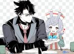  1boy 1girl :d :t animal_ears apron bandaged_arm bandages black_hair black_shirt bow bowtie brown_eyes checkered_background child chopsticks collared_shirt cup eating fingernails food genshin_impact giving gloves hair_ornament heart highres holding holding_food holding_plate long_sleeves low_twintails medium_hair muted_color necktie open_mouth palms_together plate pom_pom_(clothes) pom_pom_hair_ornament purple_hair red_bow red_bowtie red_necktie rice shirt short_twintails sigewinne_(genshin_impact) simple_background smile sushi table tanuki_nishi teeth twintails upper_body upper_teeth_only violet_eyes white_apron white_gloves wriothesley_(genshin_impact) yunomi 