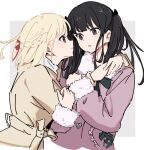  2girls atenaba black_bow black_hair blonde_hair bow braid brown_coat closed_mouth coat commentary eye_contact french_braid fur-trimmed_coat fur-trimmed_sleeves fur_trim grey_background hair_bow hair_ribbon hashtag_only_commentary highres holding_hands inoue_takina long_hair long_sleeves looking_at_another lycoris_recoil medium_hair multiple_girls nishikigi_chisato parted_lips pink_coat red_eyes red_ribbon ribbon smile upper_body violet_eyes white_background yuri 
