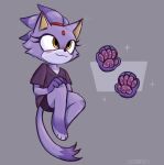  1girl animal_ears bike_shorts blaze_the_cat cat_ears cat_girl cat_tail forehead_jewel furry furry_female grey_background highres newtmoss pawpads ponytail purple_fur purple_shirt shirt simple_background smile sonic_(series) tail yellow_eyes 