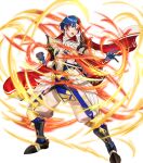 1boy alear_(engaging_fire)_(fire_emblem) attack black_footwear blue_eyes blue_gloves blue_hair cape circletewhite_cape clenched_hand fire_emblem fire_emblem_engage gloves gold_trim heterochromia highres mikurou_(nayuta) multicolored_cape multicolored_clothes non-web_source official_alternate_costume open_mouth pelvic_curtain red_cape red_eyes redhead scroll solo upper_body white_cape 