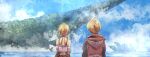 1boy 1girl ahoge artist_name bare_shoulders blonde_hair blue_sky clouds fiora_(xenoblade) from_behind highres horizon jacket outdoors red_jacket short_hair shulk_(xenoblade) sky standing toosut0 twitter_username water xenoblade_chronicles_(series) xenoblade_chronicles_1 