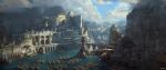  absurdres aqueduct boat bridge canyon city cliff clouds cloudy_sky dome fantasy fire highres mountain no_humans numenor official_art renart rings_of_power river scenery sky smoke tolkien&#039;s_legendarium trireme water watercraft waterfall watermark 