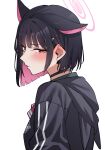  1girl animal_ears asakawa_(outeq) black_choker black_hair black_jacket blue_archive blush cat_ears choker closed_mouth colored_inner_hair hair_ornament hairclip halo highres hood hood_down hooded_jacket jacket kazusa_(blue_archive) multicolored_hair pink_hair pink_halo redhead short_hair simple_background solo upper_body white_background 