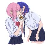  2girls atenaba black_skirt blue_eyes blue_hair blue_necktie bow bowtie burger collared_shirt cowboy_shot food food_on_face highres holding holding_food kaf_(kamitsubaki_studio) kamitsubaki_studio kiss kissing_cheek long_hair multicolored_hair multiple_girls necktie pink_hair pleated_skirt red_bow red_bowtie redhead rim_(kamitsubaki_studio) school_uniform shirt simple_background skirt sleeves_rolled_up streaked_hair twintails white_background white_shirt yuri 