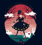  1girl animal ascot black_border black_dress black_footwear black_jacket border cane cat clouds copyright_name dress drill_hair frilled_dress frills gloves grass grave green_gloves green_hair hat holding holding_cane index_finger_raised jacket long_sleeves monster multicolored_hair nona_drops original pixiv_fantasia pixiv_fantasia_last_saga puffy_long_sleeves puffy_sleeves red_ascot red_footwear red_sky redhead shadow sky smile sparkle standing top_hat tree twin_drills twintails two-tone_hair yellow_eyes 