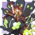  1boy 1girl alternate_costume black_pantyhose blonde_hair boots brown_footwear brown_pants brown_skirt calem_(pokemon) closed_mouth commentary_request eyelashes flower flying_sweatdrops green_vest grey_eyes hat hat_flower huan_li long_hair pants pantyhose pokemon pokemon_legends:_z-a pokemon_xy red_headwear riding riding_pokemon serena_(pokemon) shirt short_hair sitting skirt smile vest zygarde 