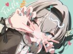  1girl :d absurdres black_hairband black_jacket blue_background blue_eyes blue_nails blush bow bridal_gauntlets character_name claw_pose collared_shirt dazetoo dot_nose drawn_whiskers dutch_angle firefly_(honkai:_star_rail) grey_hair hair_bow hair_intakes hairband hands_up highres honkai:_star_rail honkai_(series) jacket long_hair looking_at_viewer nail_polish notice_lines one_eye_closed open_hands open_mouth portrait shadow shirt simple_background smile solo white_bow white_shirt 