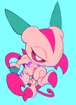  arkadimon_child blue_background chibi chibi_only claws colored_sclera digimon extyrannomon horns looking_at_viewer monster pink_sclera red_eyes smile solo tail 